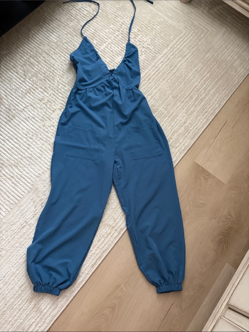 Blue Halter Jumpsuit with Elastic Ankles